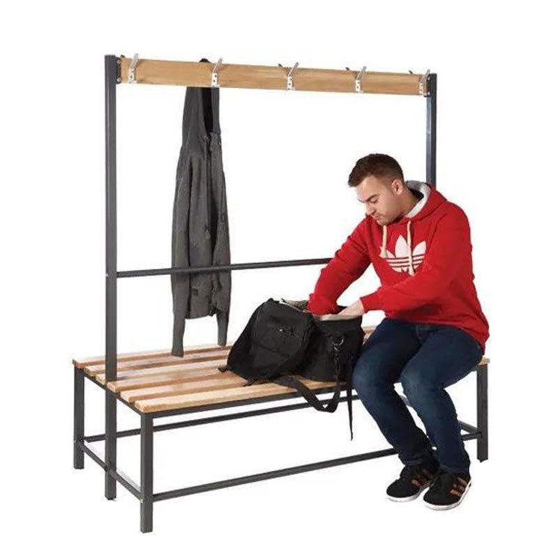 Bathroom Fitness Nordic Style Iron Art Solid Wood Shoe Changing Stool with Hooks and Clothes Rack, Can Hang Clothes, Long Bench