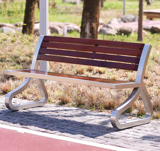 Contemporary Patio Bench - Stainless Steel Frame with Natural Hardwood Slats