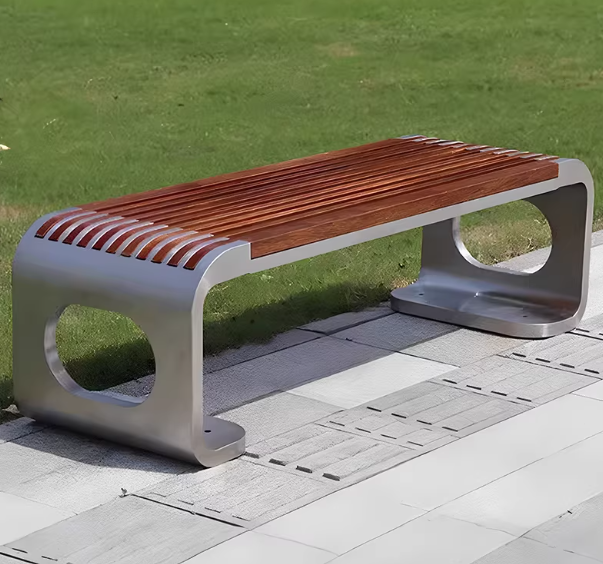 Commercial Outdoor Bench - Ideal for Parks, Patios & Public Spaces - Stainless Steel & Wood
