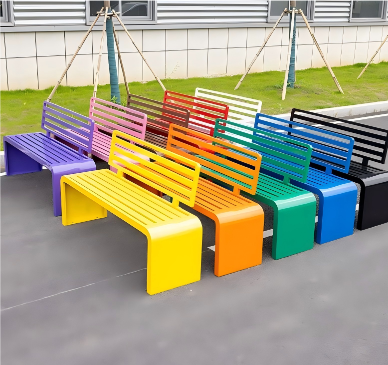 Colorful Outdoor Bench with Backrest – All-Weather Fiberglass Public Seating for Parks & Schools