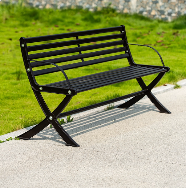 Modern Black Metal Outdoor Bench with Backrest – Rust-Proof Seating for Patios & Public Spaces
