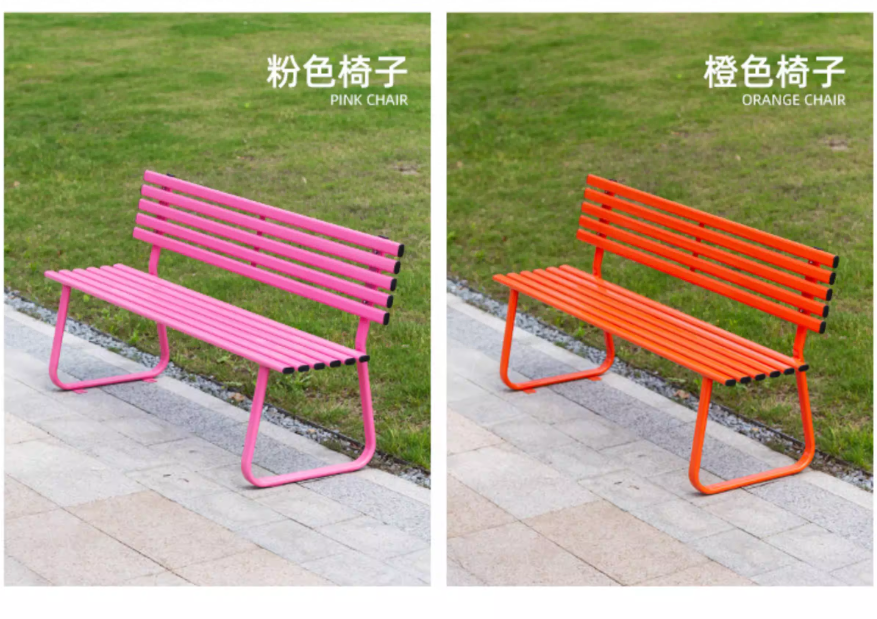 Bright Pink Metal Slat Outdoor Bench with Backrest – Weather-Resistant Seating for Patios & Urban Spaces