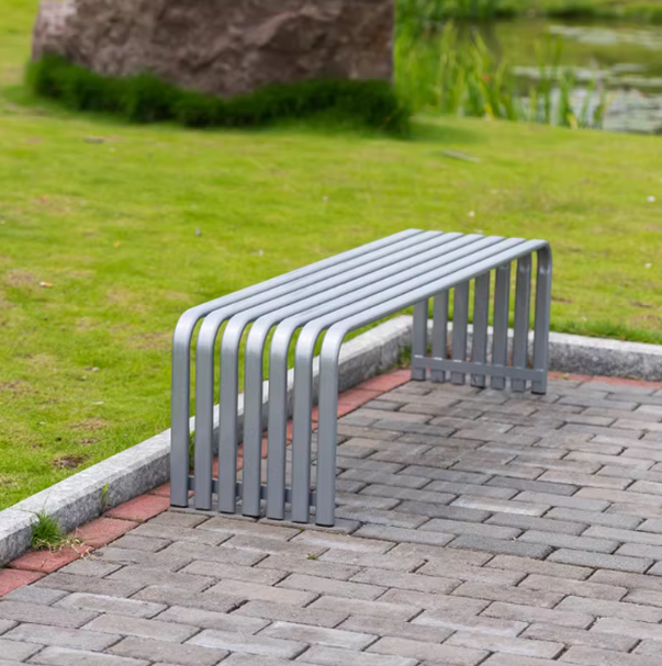 Sleek Silver Slatted Metal Outdoor Bench – Minimalist Weatherproof Seating for Parks & Patios
