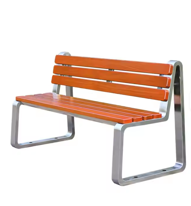 Commercial Grade Stainless Steel & Wood Outdoor Bench with Backrest – Heavy-Duty Seating for Public Spaces & Office Courtyards