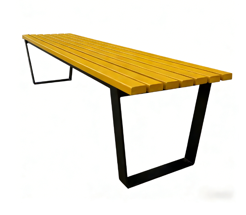 Modern Slatted Yellow Outdoor Bench with Black Metal Frame – Weather Resistant Patio Seating