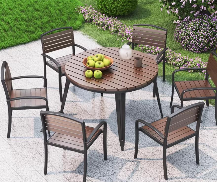 Modern Slatted Wood & Metal Outdoor Dining Set for Backyards & Patios