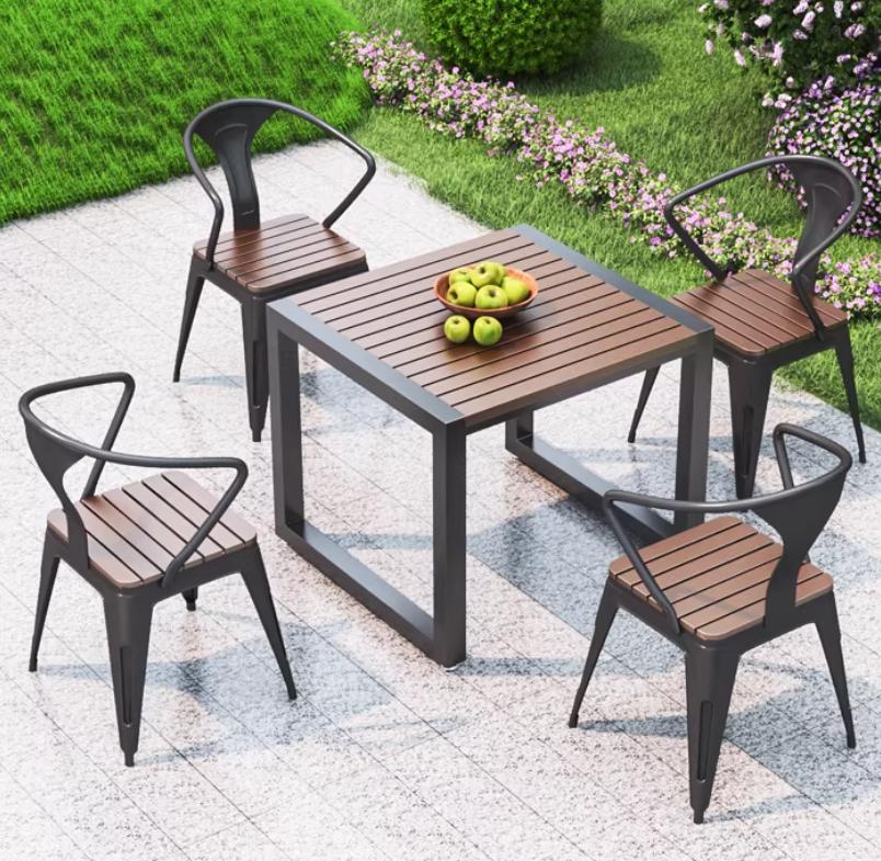 Modern Slatted Wood & Metal Outdoor Dining Set for Backyards & Patios