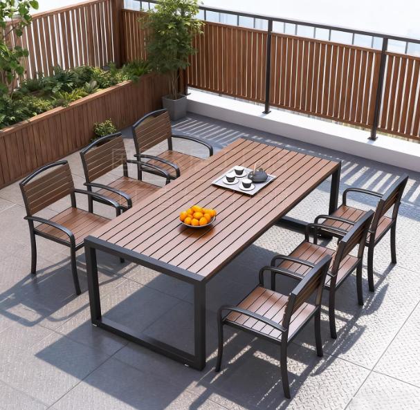 Modern Slatted Wood & Metal Outdoor Dining Set for Backyards & Patios