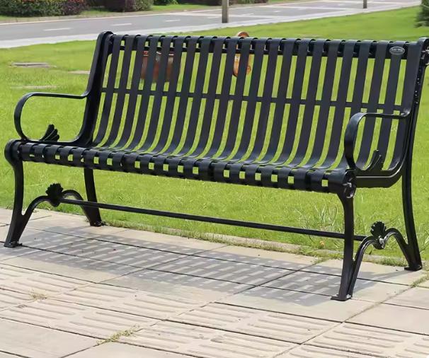 Black Metal Outdoor Bench - Heavy-Duty Cast Iron Frame for Parks & Yards