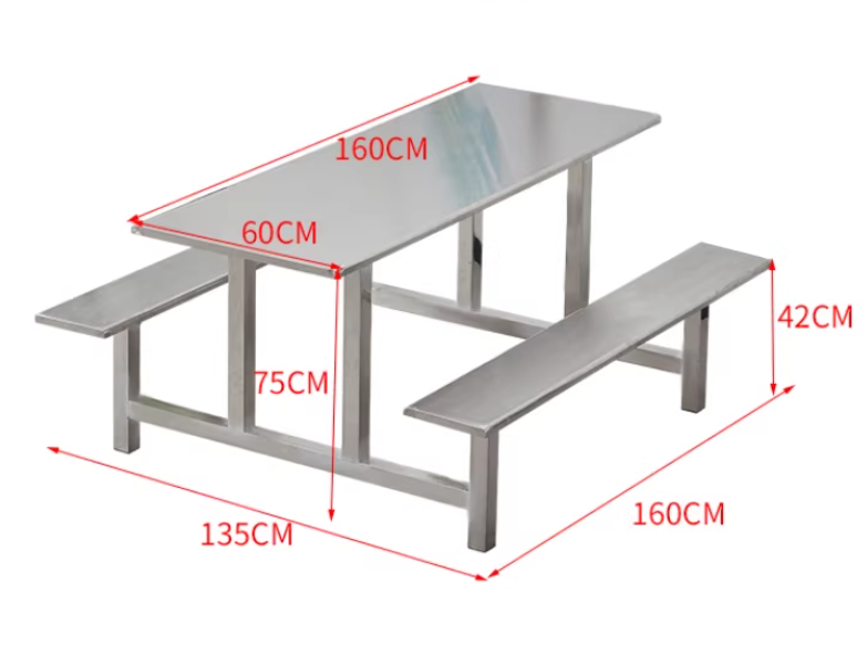 Stainless Steel 6-Seater Canteen Dining Set - Heavy Duty Integrated Table and Benches