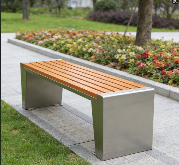 Stainless Steel Outdoor Bench with Slatted Wood Seat - Weather Resistant Patio Seating