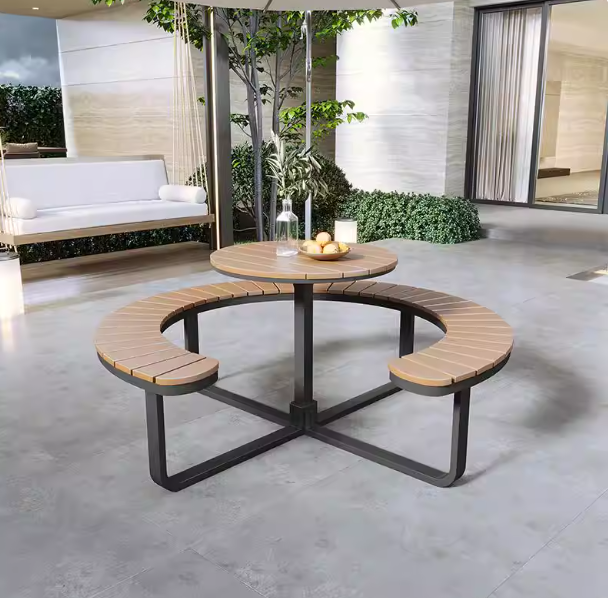 Circular Outdoor Dining Set - Weather Resistant Metal Frame with Slatted Wood Seat & Table