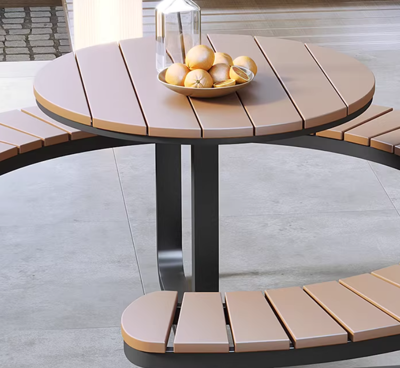 Circular Outdoor Dining Set - Weather Resistant Metal Frame with Slatted Wood Seat & Table