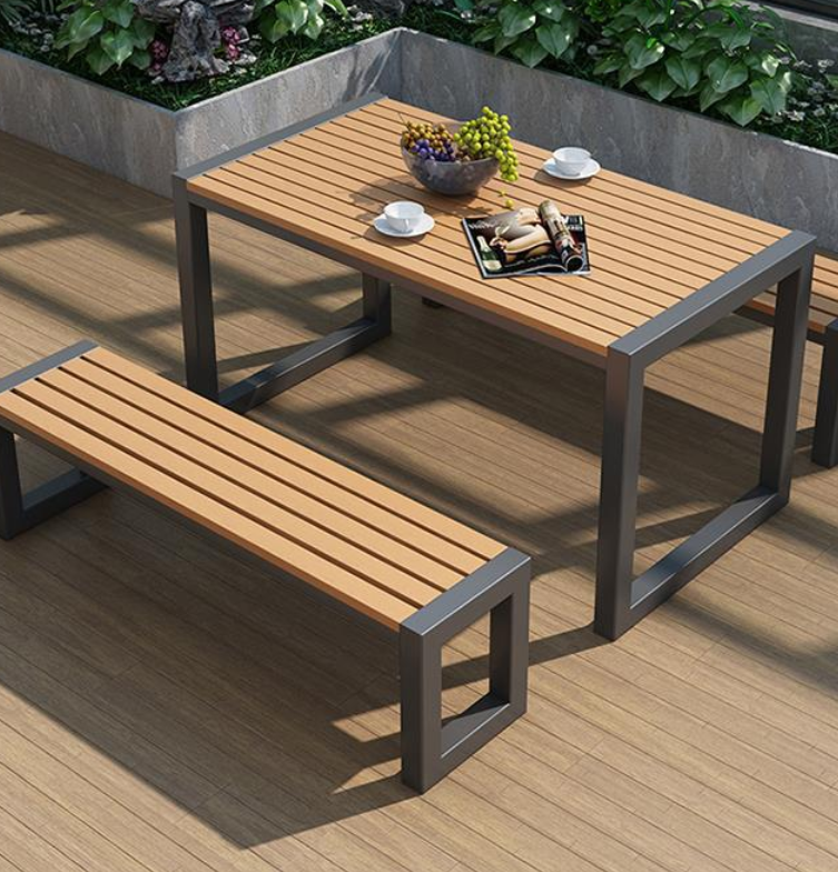 Modern Rectangular Outdoor Dining Table & Bench Set - Weather Resistant Metal Frame with Slatted Wood Seating