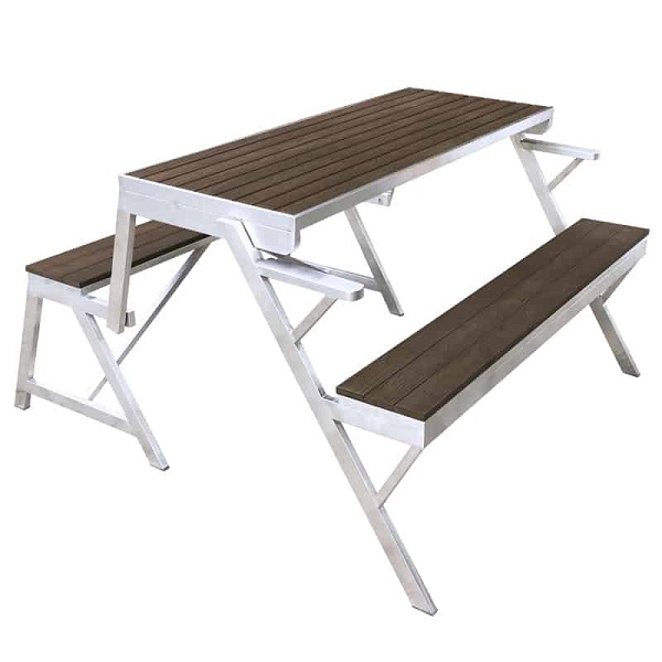2-in-1 Foldable Outdoor Table and Chair Set |   Stainless steel frame |   HDPE Wood-Plastic Composite Slats |   Weatherproof Patio Picnic Furniture