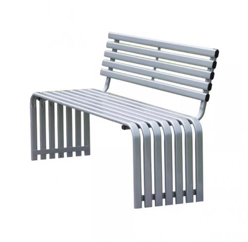 Modern Silver Metal Slat Outdoor Bench with Backrest – Minimalist Weather-Resistant Seating for Urban Spaces