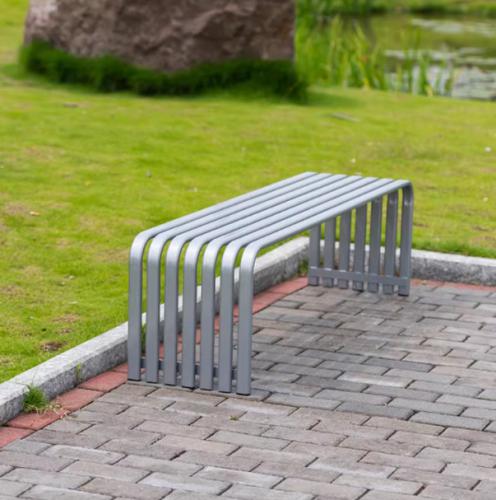 Sleek Silver Slatted Metal Outdoor Bench – Minimalist Weatherproof Seating for Parks & Patios
